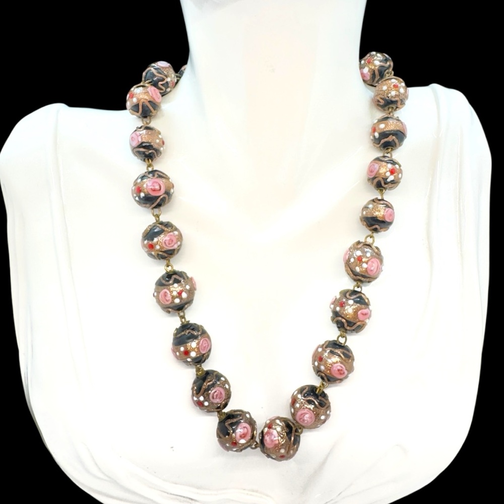 Vintage Venetian Murano Black Fiorato Wedding Cake Glass Bead Necklace
